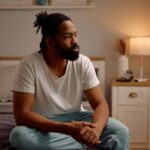 A man sits on the edge of his bed in a softly lit room, looking thoughtful and somber, representing the quiet struggle of depression.