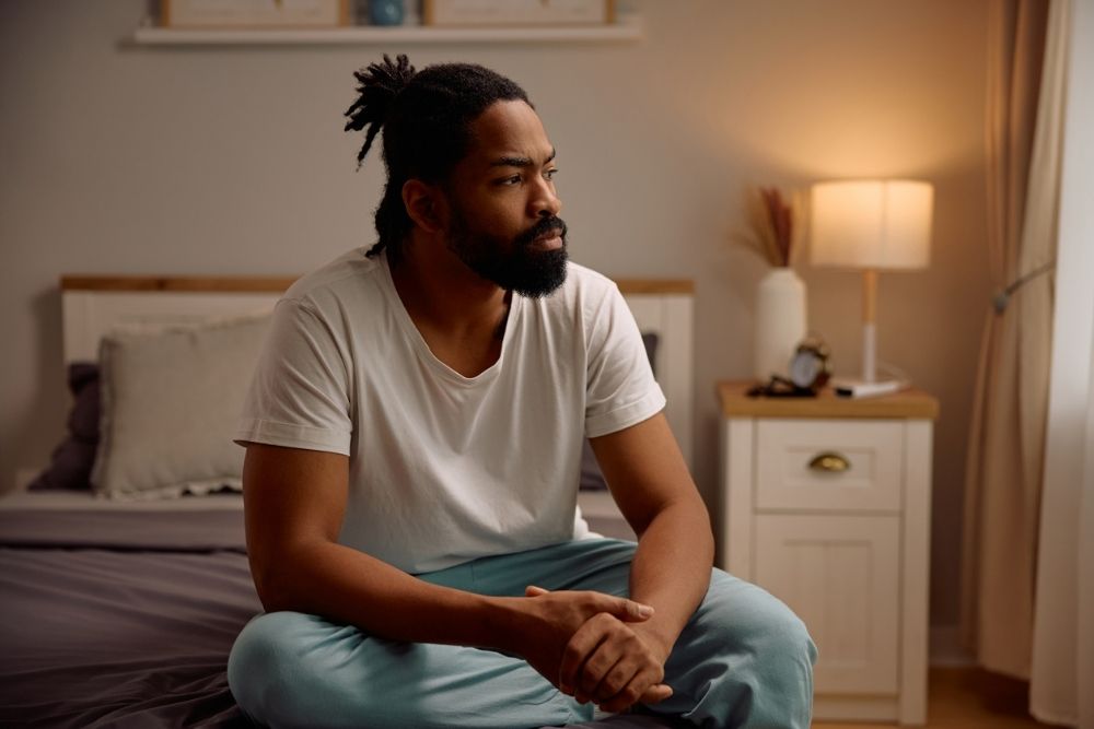 A man sits on the edge of his bed in a softly lit room, looking thoughtful and somber, representing the quiet struggle of depression.